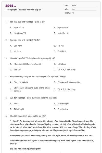 Trắc nghiệm Tức nước vỡ bờ có đáp án