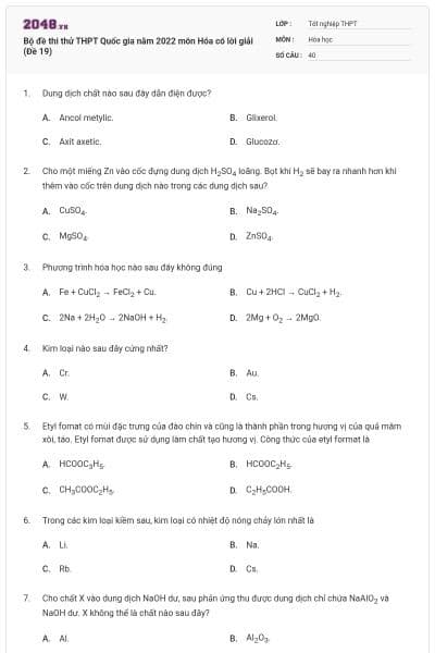 Bộ đề thi thử THPT Quốc gia năm 2022 môn Hóa có lời giải (Đề 19)