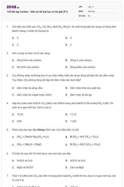 145 Bài tập Cacbon - Silic ôn thi Đại học có lời giải (P1)