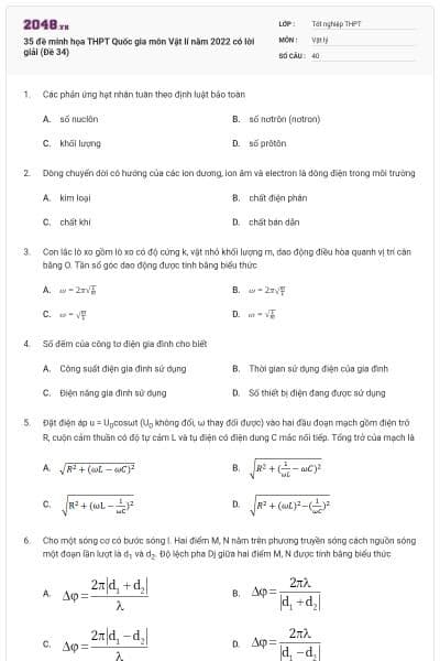 35 đề minh họa THPT Quốc gia môn Vật lí năm 2022 có lời giải (Đề 34)