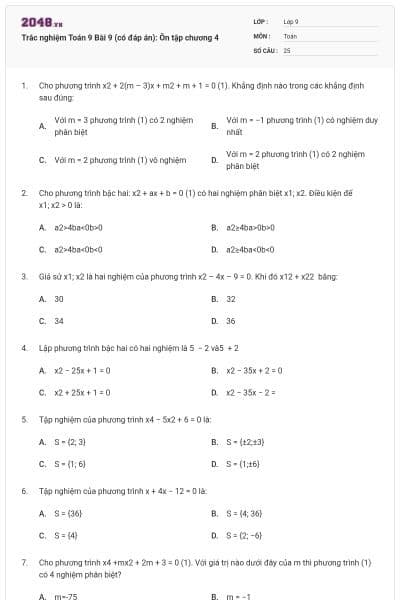 Trắc nghiệm Toán 9 Bài 9 (có đáp án): Ôn tập chương 4