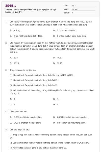 265 Bài tập Sắt và một số kim loại quan trọng ôn thi Đại học có lời giải (P1)