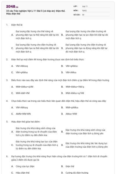 33 câu Trắc nghiệm Vật Lí 11 Bài 5 (có đáp án): Điện thế. Hiệu điện thế