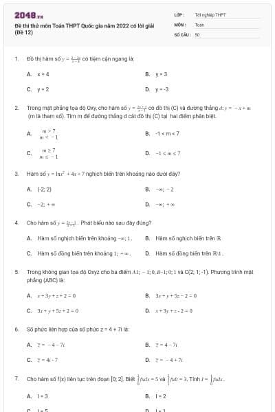 Đề thi thử môn Toán THPT Quốc gia năm 2022 có lời giải (Đề 12)