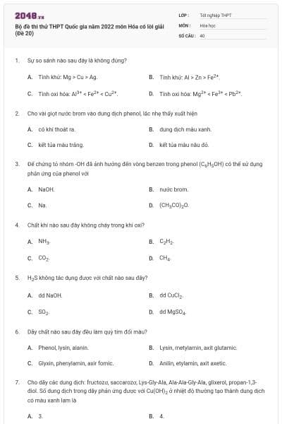 Bộ đề thi thử THPT Quốc gia năm 2022 môn Hóa có lời giải (Đề 20)