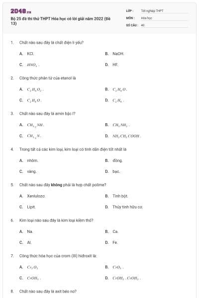 Bộ 25 đề thi thử THPT Hóa học có lời giải năm 2022 (Đề 13)