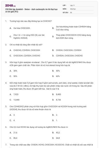 250 Bài tập Andehit - Xeton - Axit cacboxylic ôn thi Đại học có lời giải (P2)