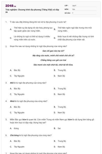 Trắc nghiệm: Chương trình địa phương (Tiếng Việt) có đáp án