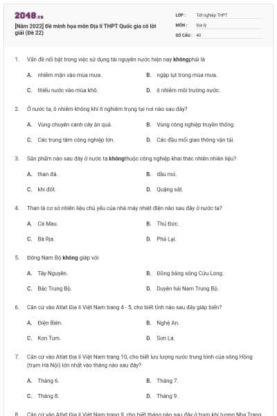 [Năm 2022] Đề minh họa môn Địa lí THPT Quốc gia có lời giải (Đề 22)