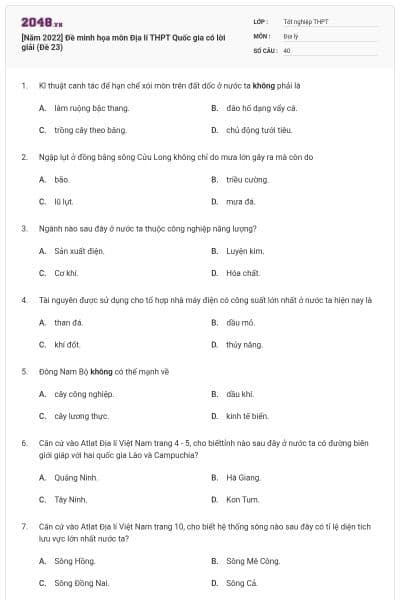 [Năm 2022] Đề minh họa môn Địa lí THPT Quốc gia có lời giải (Đề 23)