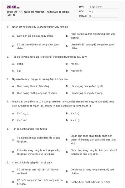 30 đề thi THPT Quốc gia môn Vật lí năm 2022 có lời giải (Đề 14)