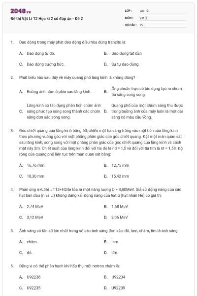 Đề thi Vật Lí 12 Học kì 2 có đáp án - Đề 2