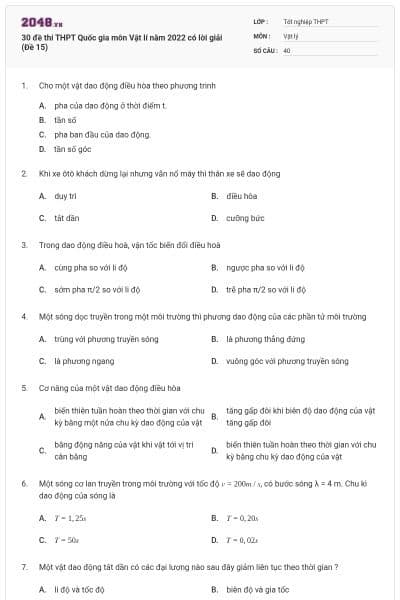 30 đề thi THPT Quốc gia môn Vật lí năm 2022 có lời giải (Đề 15)