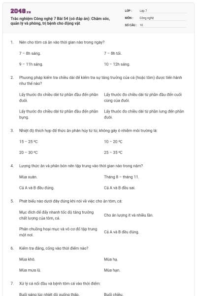 Trắc nghiệm Công nghệ 7 Bài 54 (có đáp án): Chăm sóc, quản lý và phòng, trị bệnh cho động vật