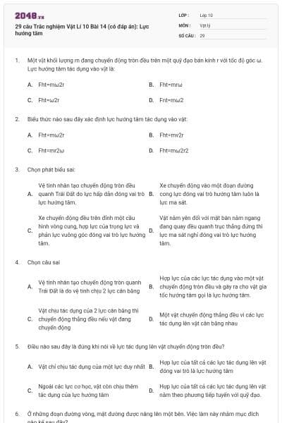 29 câu Trắc nghiệm Vật Lí 10 Bài 14 (có đáp án): Lực hướng tâm