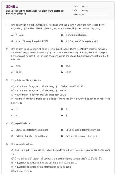 265 Bài tập Sắt và một số kim loại quan trọng ôn thi Đại học có lời giải (P1)
