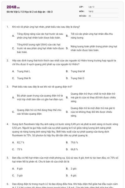 Đề thi Vật Lí 12 Học kì 2 có đáp án - Đề 3