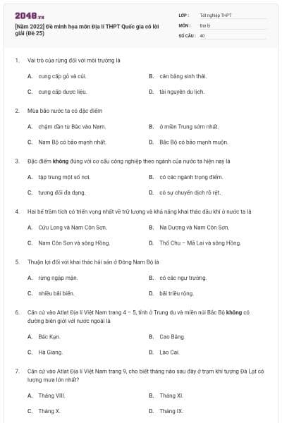 [Năm 2022] Đề minh họa môn Địa lí THPT Quốc gia có lời giải (Đề 25)