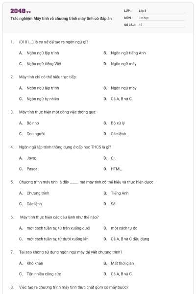 Trắc nghiệm Máy tính và chương trình máy tính có đáp án