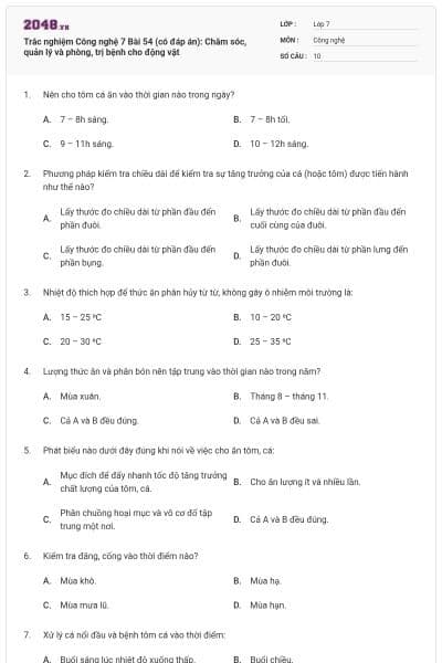 Trắc nghiệm Công nghệ 7 Bài 54 (có đáp án): Chăm sóc, quản lý và phòng, trị bệnh cho động vật