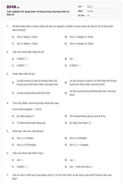 Trắc nghiệm Sử dụng biến và hằng trong chương trình có đáp án