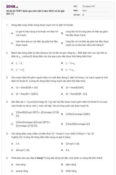30 đề thi THPT Quốc gia môn Vật lí năm 2022 có lời giải (Đề 17)