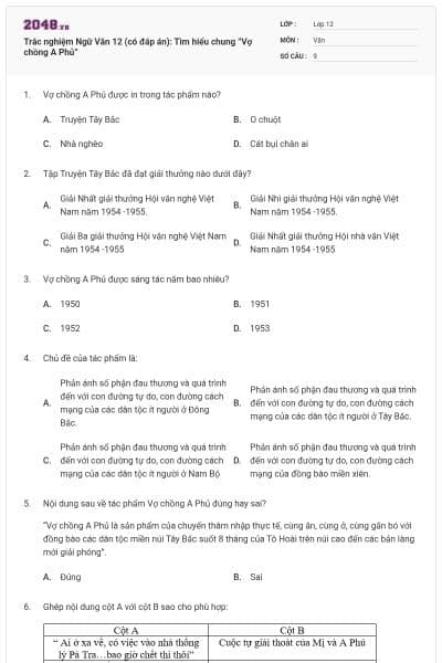 Trắc nghiệm Ngữ Văn 12 (có đáp án): Tìm hiểu chung ”Vợ chồng A Phủ”