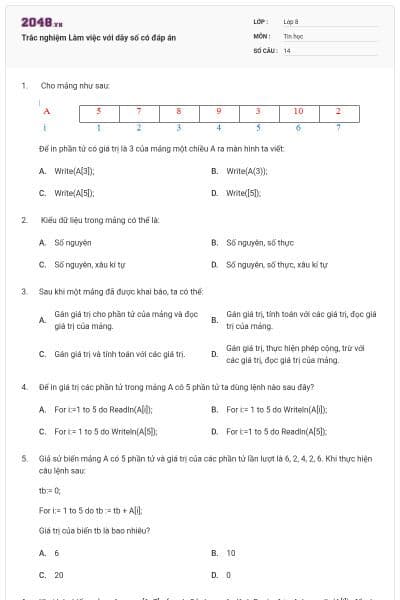 Trắc nghiệm Làm việc với dãy số có đáp án