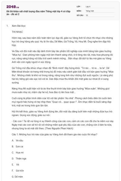 Đề thi khảo sát chất lượng đầu năm Tiếng việt lớp 4 có đáp án - đề số 2