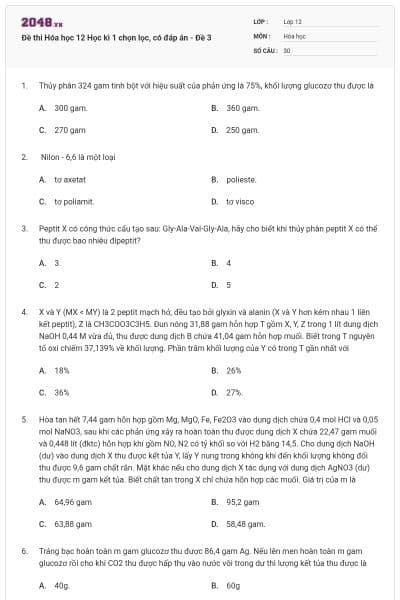 Đề thi Hóa học 12 Học kì 1 chọn lọc, có đáp án - Đề 3