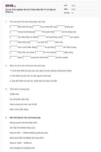 26 câu Trắc nghiệm Địa lý 6 Cánh diều Bài 15 có đáp án (Phần 2)