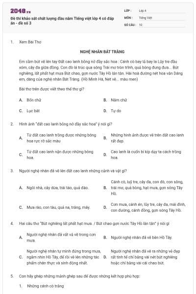 Đề thi khảo sát chất lượng đầu năm Tiếng việt lớp 4 có đáp án - đề số 3