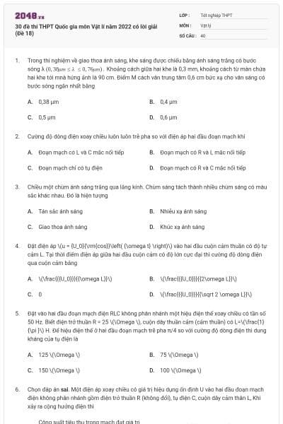 30 đề thi THPT Quốc gia môn Vật lí năm 2022 có lời giải (Đề 18)