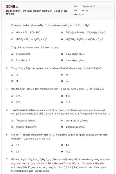 Bộ đề thi thử THPT Quốc gia năm 2022 môn Hóa có lời giải (Đề 21)