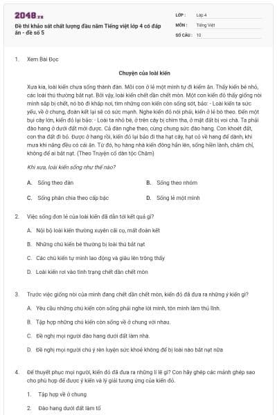 Đề thi khảo sát chất lượng đầu năm Tiếng việt lớp 4 có đáp án - đề số 5