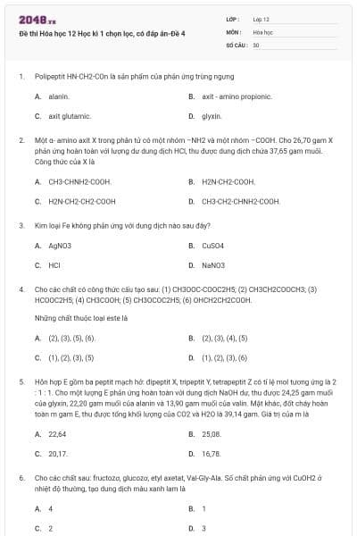 Đề thi Hóa học 12 Học kì 1 chọn lọc, có đáp án-Đề 4