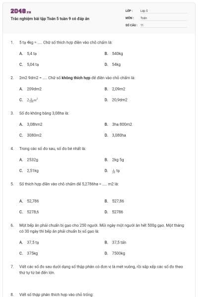 Trắc nghiệm bài tập Toán 5 tuần 9 có đáp án