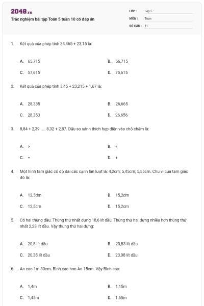 Trắc nghiệm bài tập Toán 5 tuần 10 có đáp án