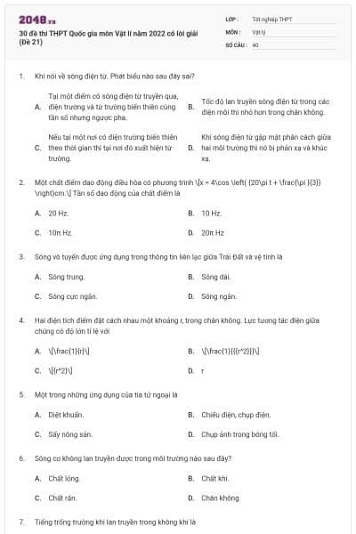 30 đề thi THPT Quốc gia môn Vật lí năm 2022 có lời giải (Đề 21)