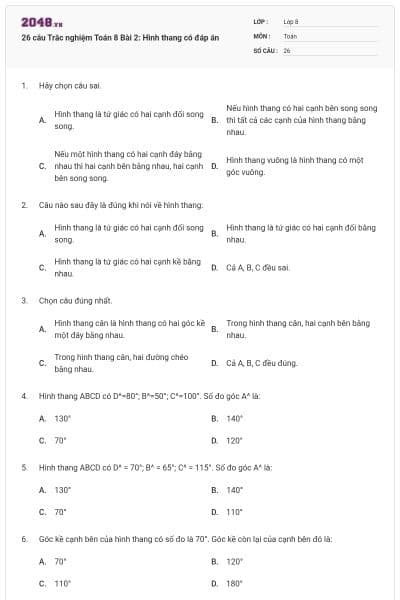 26 câu Trắc nghiệm Toán 8 Bài 2: Hình thang có đáp án