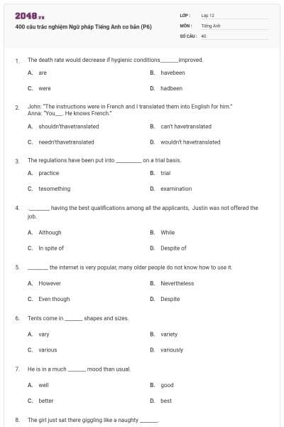 400 câu trắc nghiệm Ngữ pháp Tiếng Anh cơ bản (P6)