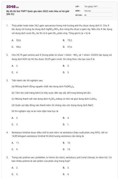Bộ đề thi thử THPT Quốc gia năm 2022 môn Hóa có lời giải (Đề 22)