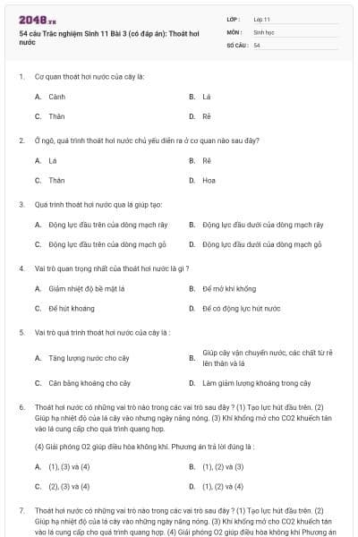 54 câu Trắc nghiệm Sinh 11 Bài 3 (có đáp án): Thoát hơi nước