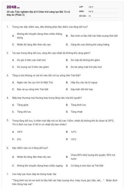 35 câu Trắc nghiệm Địa lý 6 Chân trời sáng tạo Bài 12 có đáp án (Phần 2)