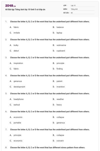 60 Bài tập Tiếng Anh lớp 10 Unit 5 có đáp án