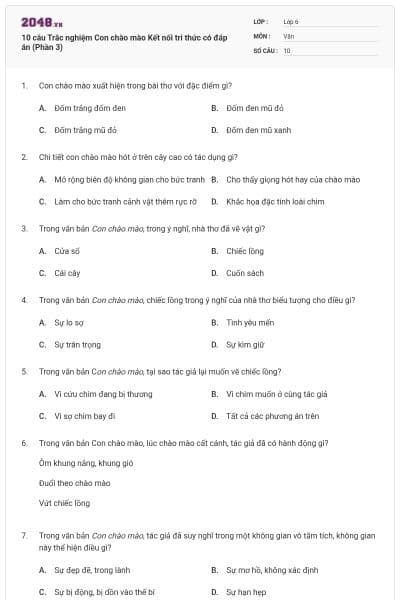 10 câu Trắc nghiệm Con chào mào Kết nối tri thức có đáp án (Phần 3)