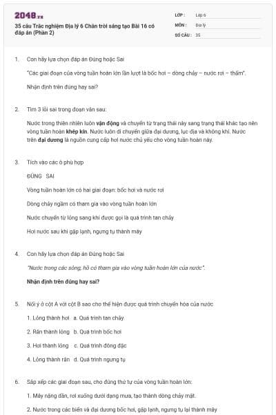 35 câu Trắc nghiệm Địa lý 6 Chân trời sáng tạo Bài 16 có đáp án (Phần 2)