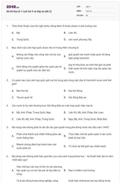 Đề thi Học kì 1 Lịch Sử 9 có đáp án (Đề 2)