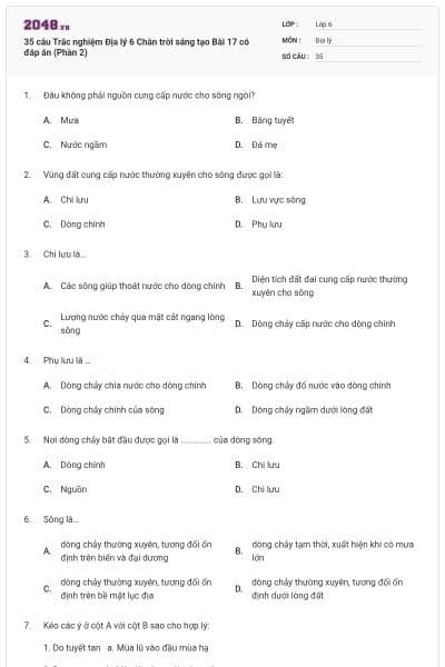 35 câu Trắc nghiệm Địa lý 6 Chân trời sáng tạo Bài 17 có đáp án (Phần 2)