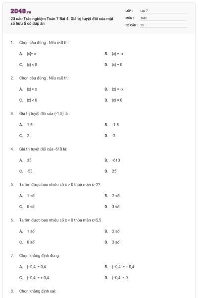 23 câu Trắc nghiệm Toán 7 Bài 4: Giá trị tuyệt đối của một số hữu tỉ có đáp án